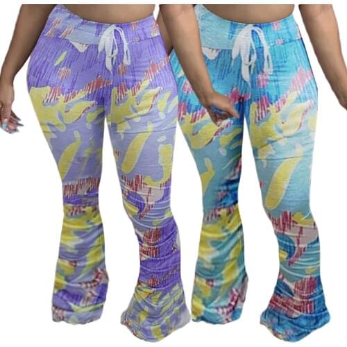 Ladies casual pants spring and autumn womens fashion personality trend obesity plus size printed flared womens pants