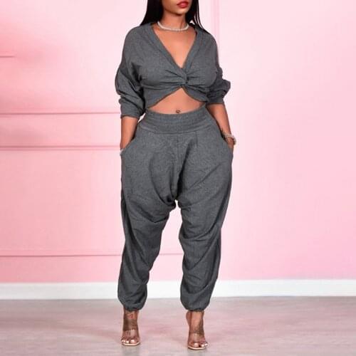 Woman Plain Twisted V Neck Long Sleeve Femme Crop Top & Fashion Pocket Design Oversize Pants Set Casual Sport Tracksuit Trousers