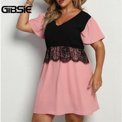 GIBSIE Plus Size Contrast Lace Patchwork Dress Women Summer V Neck Short Sleeve Casual A-line Mini Dresses Big Size 3xl 4xl