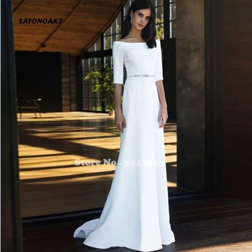 Elegant White Ivory 2021 Weddding Dress A-Line Floor-Length Boat-Neck Zipper Beading Sashes Simple Bridal Gowns Vestido De Novia