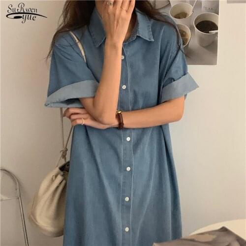 Casual Vintage Single Breasted Button Long Dress 2021 Short Sleeve Cotton Shirt Dress Turn Down Collar Blue Women Clothing 14763