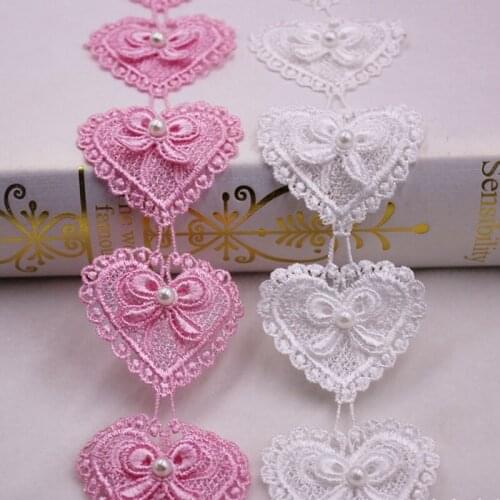 1Yard Heart-shaped Pearl Beaded Lace Fringe Embroidered Lace Ribbon Trim Lace Fabric Handmade Costume Sewing Decoration Applique