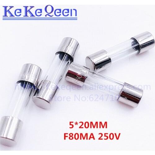 20pcs/Box 5*20mm 80mA 250V Fuse 5*20 F80mA 80MA 250V Glass Fast / Slow blow Fuse 5mm*20mm