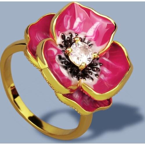 2021 new elegant womens flower ring red epoxy womens jewelry 925 silver fashion wedding ring handmade enamel ring