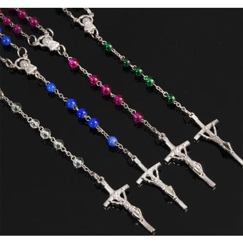 48 pieces wholesale blue round blue glass beads Virgin Mary Catholic Rosary chain and necklace 6mm