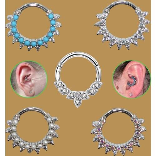 5PCS 16G 316L Stainless Steel Daith Earrings Hoop Cluster CZ Hinged Segment Clicker Pearl Daith Clicker Helix Ear Piercing