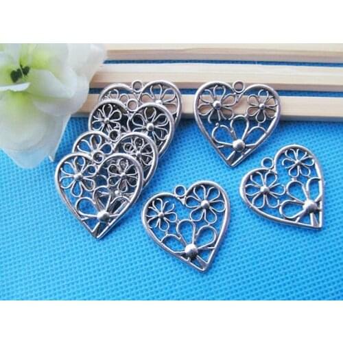 50pcs Antique Silver tone Filigree Hollow Flower Heart Connector Pendant Charm/Finding,DIY Accessory Jewelry Making