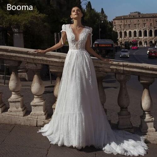 Booma Lace Princess Wedding Dresses Deep V-Neck Cap Sleeves Long Bride Dresses Backless Appliques A-Line Wedding Gowns