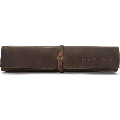 Retro Pencil Case Handmade Genuine Leather Roll Up Pen Curtain Bag Pouch Wrap 24BB