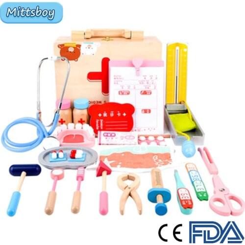 Montessori Simulation Doctor Toy Wooden Kid Wooden Pretend Medicine Chest Red Medical Dentist Medicine Box Cloth Bag Medical Kit