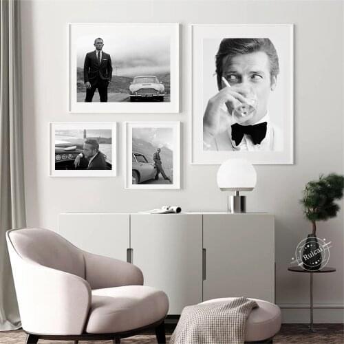 Bond Cars Wall Art Print Black And White Actor Canvas Painting Gentleman Spy Movie Poster Nordic Wall Pictures Living Room Decor