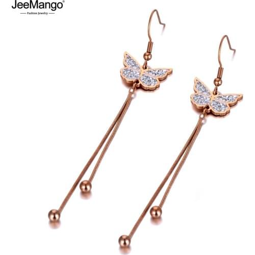 JeeMango Bohemia Titanium Stainless Steel Butterfly Animal Earrings Jewelry Fashion Tassel Drop Earrings For Women Girls JE20023