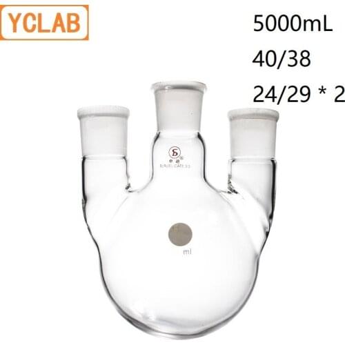 YCLAB 5000mL 40/38 & 24/29 * 2 Distillation Flask 5L Straight Shape with Three Necks Standard Ground Mouths Distilling