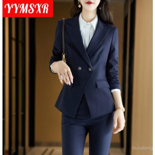 Large Size Womens Office Pants Suit Two-piece Winter Double-breasted Striped Professional Wear Female Suit High Waist Trousers