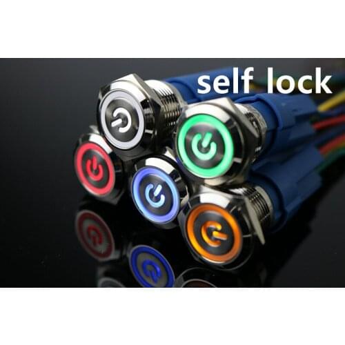 16MM metal waterproof stainless steel button switch, flat head, ring self lock, power mark, LED lamp, automobile refit Power