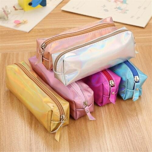 Fashion Holographic Hologram Metallic Color Laser Pencil Case Purse Women Cosmetics Makeup Bag Portable Waterproof Pencilcase