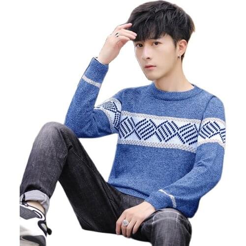 Fashion Mens Sweater Streetwear Korean Long Sleeve Sweaters Autumn Winter Pullovers Argyle Pattern Slim Fit Wool Sweater