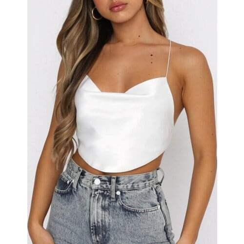 Kili Womens Fashion Solid Color Sexy Tube Top Small Sling Satin V-Neck Small Vest White