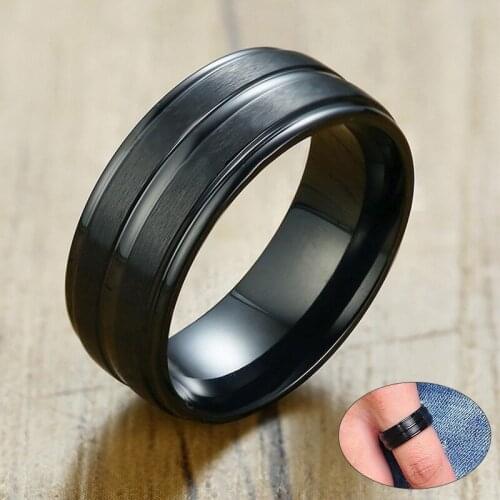 Mens 8MM Black Titanium Stainless Wedding Bands Ring Thin Lines Middle Grooved Male Love Jewelry Gift for His