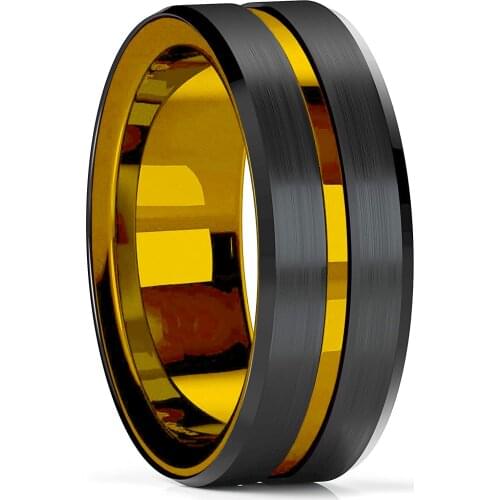 Wholesale Fashion 8MM Men Gold Tungsten Carbide Rings Thin Gold Line Carbon Fiber Groove Beveled Edge Ring Wedding Band Jewelry