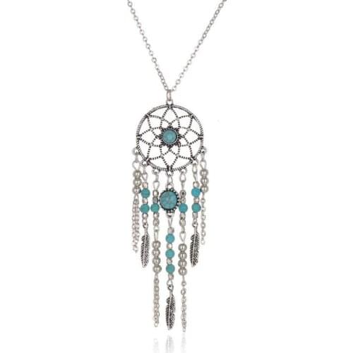2016 New Bohemia Style Retro Tassel Feathers Turquesa Pendant Necklace 78cm Dream catcher Sweater Necklaces For Women Girl