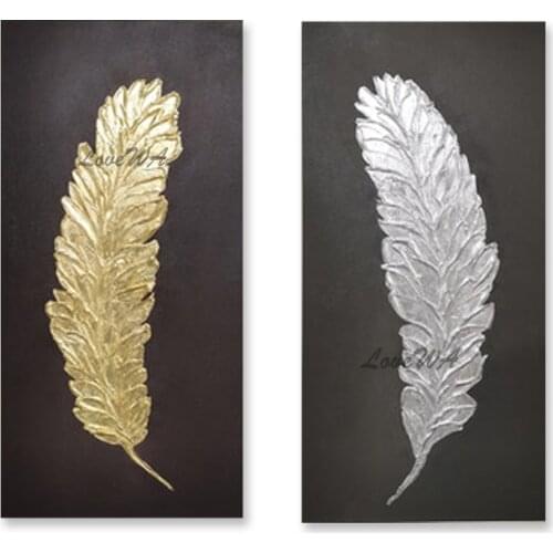 New Arrival Gold And Silver Feather Art Oil Painting Hand Painted Abstract Foil Texture Canvas Wall Decor Panel Paintings Art