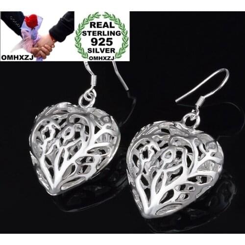 OMHXZJ Wholesale Personality Fashion OL Woman Girl Party Wedding Silver Hollowed Heart 925 Sterling Silver Earrings YE480