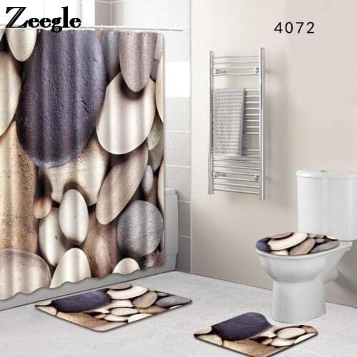Printing Stone Shower Curtain with Bath Mat Set Bathroom Floor Mat Microfiber Toilet Cover Foot Mat Shower Door Mat