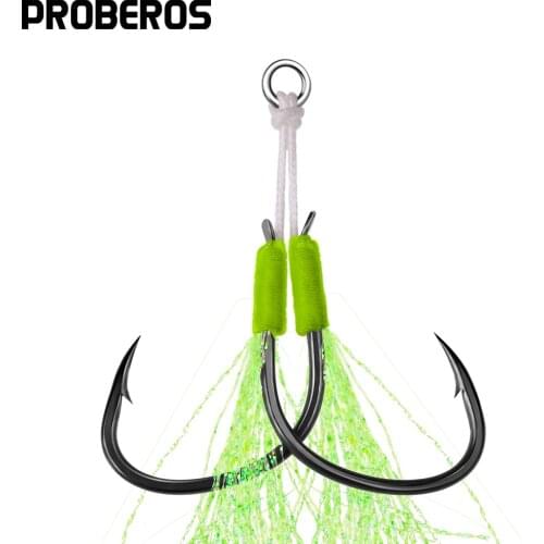PROBEROS 2Set Slow Jig Assist Hooks 1/0 2/0 3/0 4/0 Metal Jigging Double Hook Carbon Steel Double Fishhook with PE Line Feather