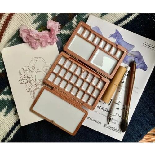 Handmade custom ins wind wooden paint box 32 color watercolor palette box stationery crafts walnut tri-fold