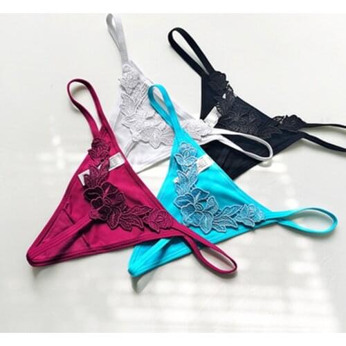 Sexy Thongs Set Womens Temptation Lingerie Embroidered Floral Lace Back Less Contrast V-string Seamless Soft Panties Hugs Body