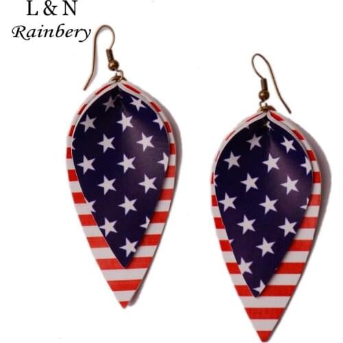 Rainbery American Flag Faux Leather Teardrop Earrings Petal Leaf Earrings Bar Faux Leather Earrings For Independence Day JE0766