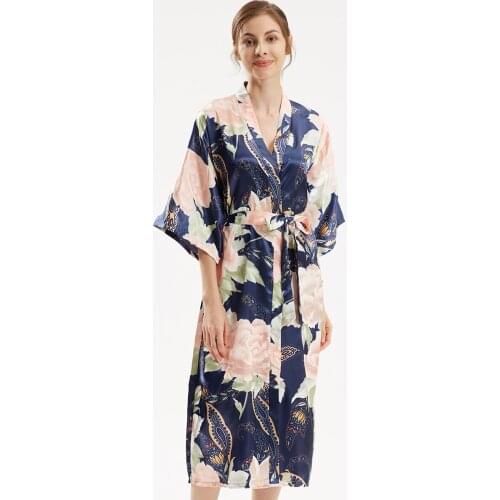 Bridal Nightdress Women Sleepwear Sexy Lounge Casual Nightgown Long Robe Gown Satin Summer Loose Print Flower Kimono Bathrobe
