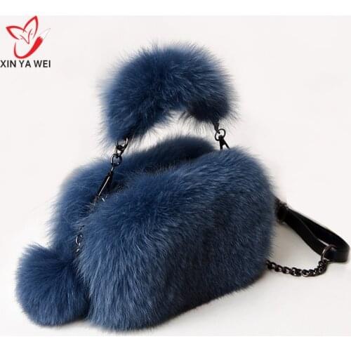Genuine fox leather women bag, warm winter ladies fashion shoulder bag, leather banquet bag, multi-color fox leather bag