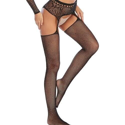 Womens Fishnet Stockings Rhinestone Hollow Out Tights High Pantyhose Suspenders Stockings Sexy Erotic Lingerie Stockings Club