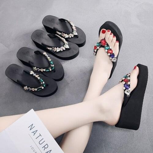 Women Summer Black Beach Shoes 2019 White Red Purple Crystal Sandals Waterproof Platform Wedges Slope Handmade Slippers