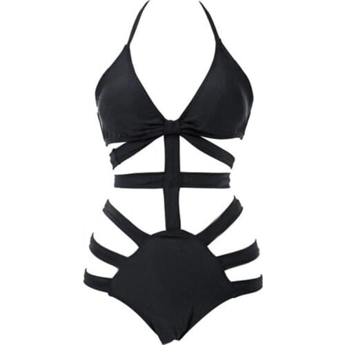 Sexy Women One Piece Swimwear Hollow Out Black Swimsuit Monokini Sexy Bandeau Swimwear One Piece Bathing Suit Trikini