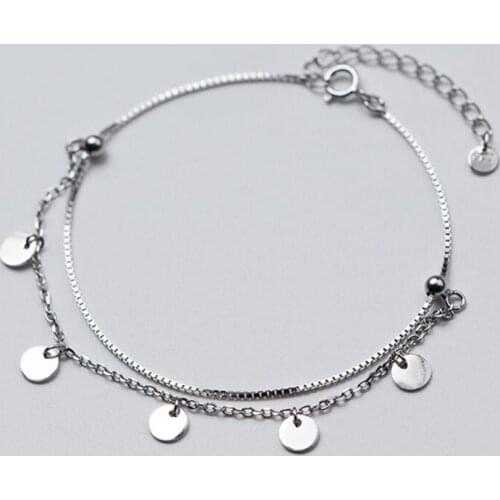925 Sterling Silver Round Wafer Charm Multi Layer Bands Bracelet Anklet A2584