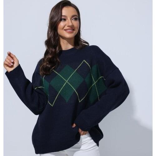 2021 New Autumn Winter Womens Sweater New Knitted Sweater Hollow Out O Neck Pullover Diamond Lattice Print Sweater NS4819