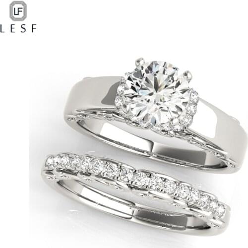 LESF Trendy 925 Sterling Silver Solitaire Engagement Ring Sets 1 Carat Simulated Sona Round Cut Ring Women Wedding Jewelry