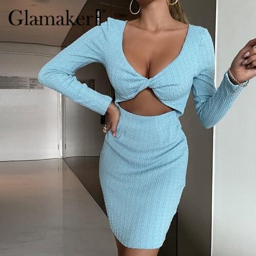Glamaker Sexy hollow out blue elegant dinner party dresses Backless Two ways of dressing bodycon slim vestidos Women dress new