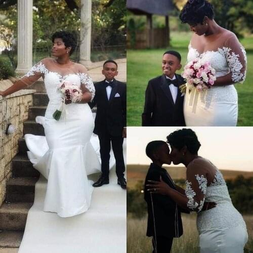 Lace Satin Mermaid African Wedding Dresses 2020 Sheer Half Sleeves Plus Size Bridal Dress Sexy Wedding Gowns Vestidos de Novia