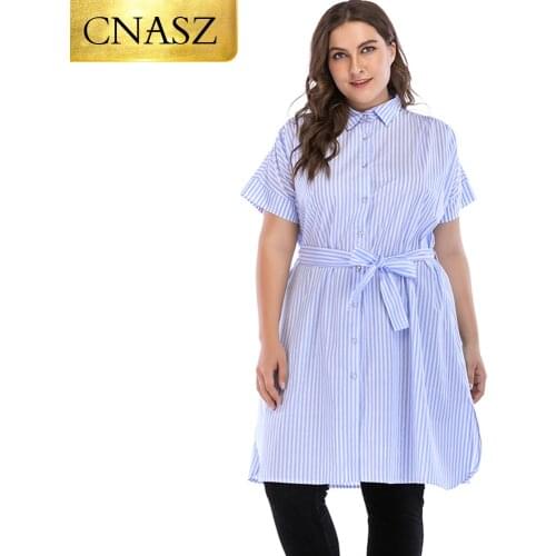 Women Plus Size Clothing Tops Mid Knee Length Simple Design Dress Elegant Stripe Shirt