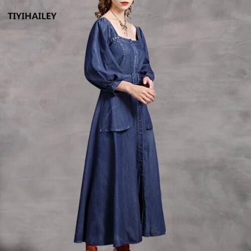 TIYIHAILEY Free Shipping Fashion S-XL Dresses For Women Long Maxi Single Breasted Square Collar Three Quarter Sleeve Dress Belt