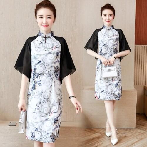 M-4XL Plus Size Vintage Chinese Traditional Qipao Casual Party Women Midi Dress Short Sleeve Summer Cheongsam Dresses 2021 New