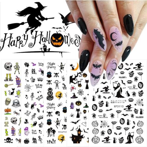 2021 Halloween Nails Black Stickers Nail Art Decals Pumpkin Elves Witch Skeleton Slider Wraps Nail Decor Manicure Cool Art