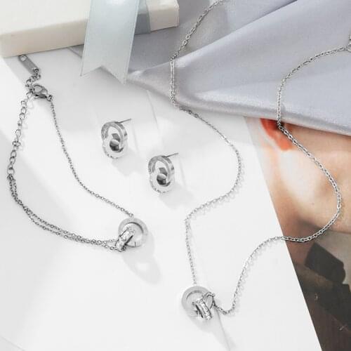 2021 Fashion Luxury Elegant Roman Numeral Crystal Female Stainless Steel Jewelry 3Pcs/Sets Necklace/Bracelet/Earrings For Women