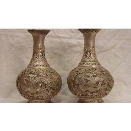 9 Chinese Royal white Copper silver Fengshui Lucky Phoenix Bottle Pot Vase Pair