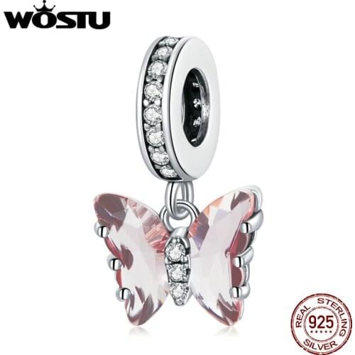 Wostu Butterfly CZ Beads 100% 925 Sterling Silver Fit Original Bracelet Pink Zircon Enamel Charms Silver Fine Jewelry DAC423