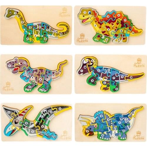 Kids Dinosaur Animal 3D Jigsaw Wooden Puzzle Toys Digital Cognitive Matching Games Montessori Early Education Toys For Preschool